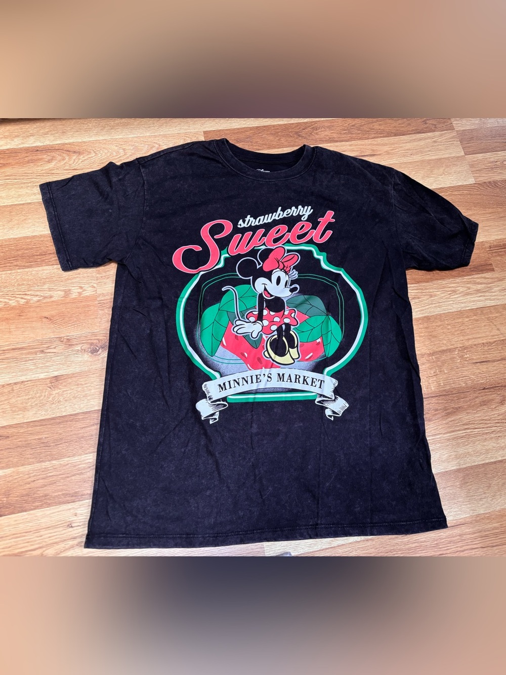 Disney Minnie Mouse Women's Black Mineral Wash Strawberry Sweet T-shirt Large